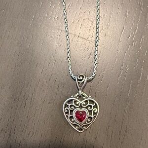 Brighton Silver Heart Necklace with Red Heart Accent -nwt